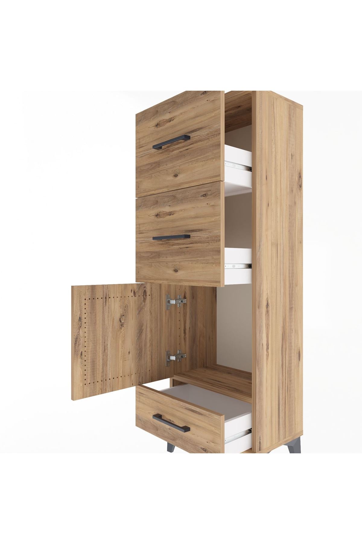 Arges Dolap Tek Raflı 3 Çekmeceli Tek Kapaklı 44x30x134 Çam-Çam