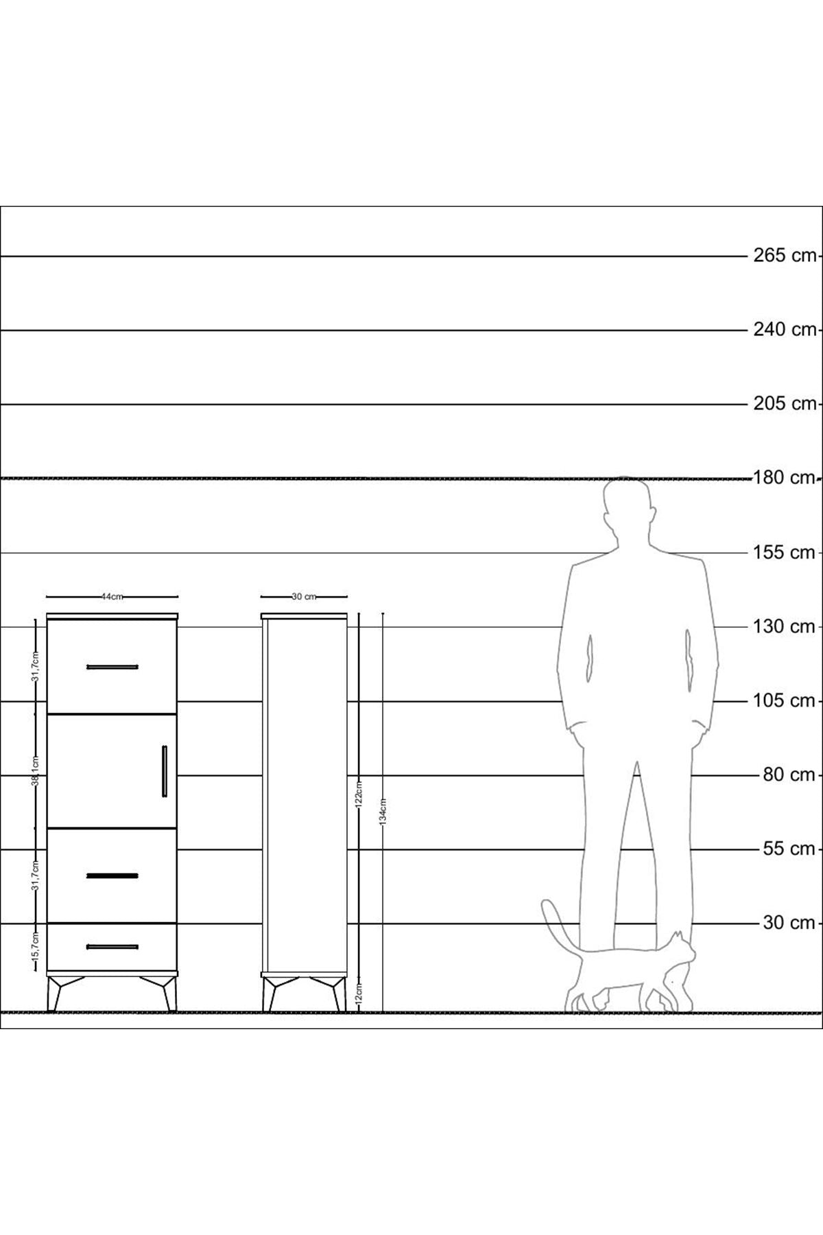 Arges Dolap Tek Raflı 3 Çekmeceli Tek Kapaklı 44x30x134 Antrasit-Çam