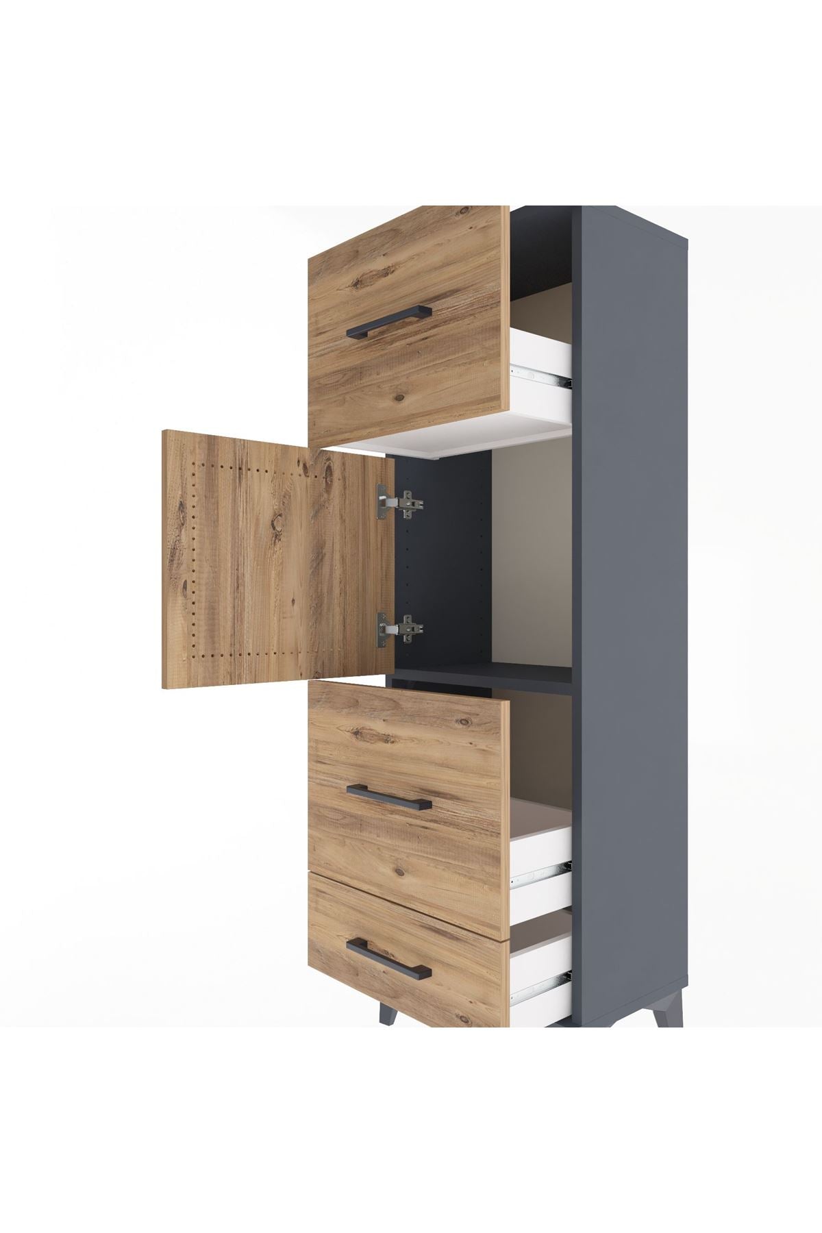 Arges Dolap Tek Raflı 3 Çekmeceli Tek Kapaklı 44x30x134 Antrasit-Çam