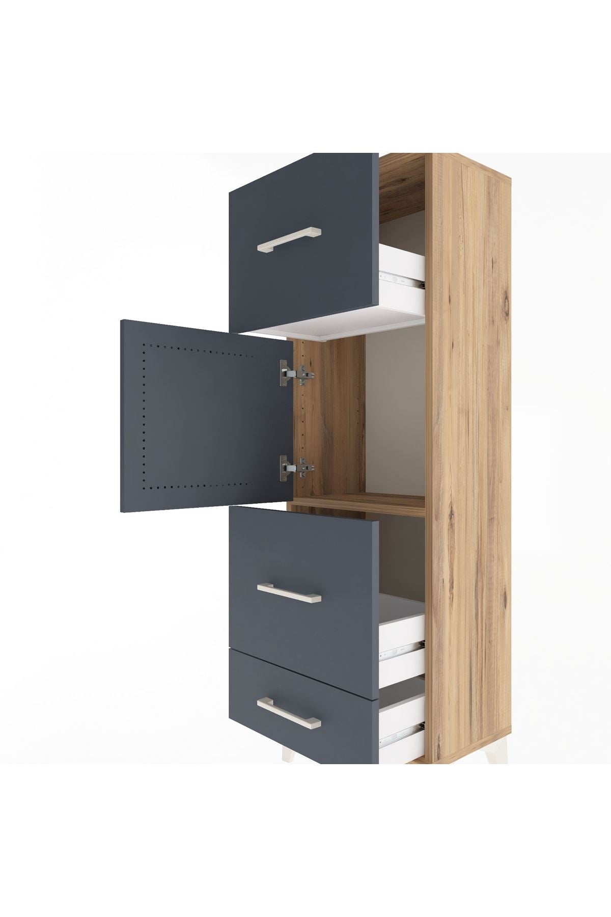 Arges Dolap Tek Raflı 3 Çekmeceli Tek Kapaklı 44x30x134 Çam-Antrasit