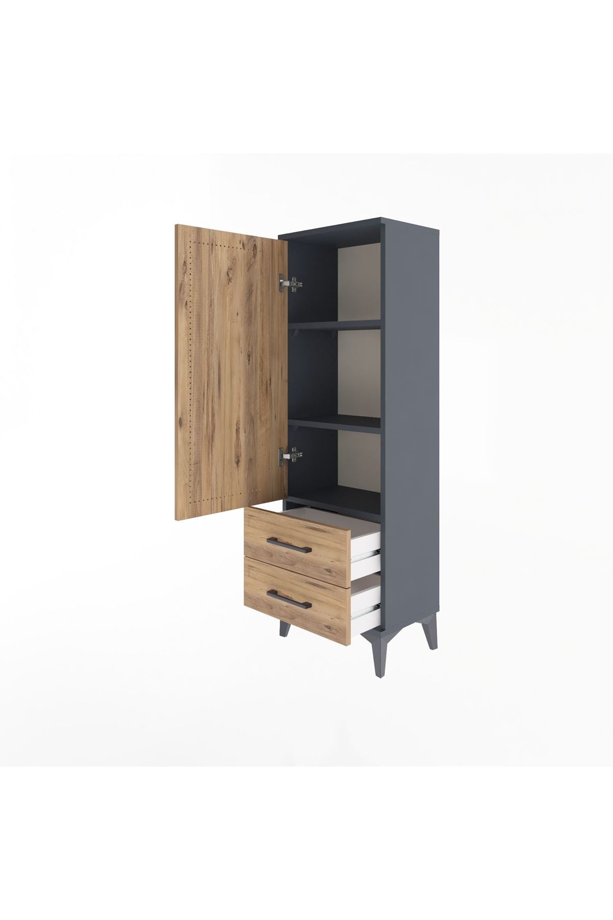 Arges Dolap 3 Raflı 2 Çekmeceli Tek Kapaklı 44x30x134 Antrasit-Çam