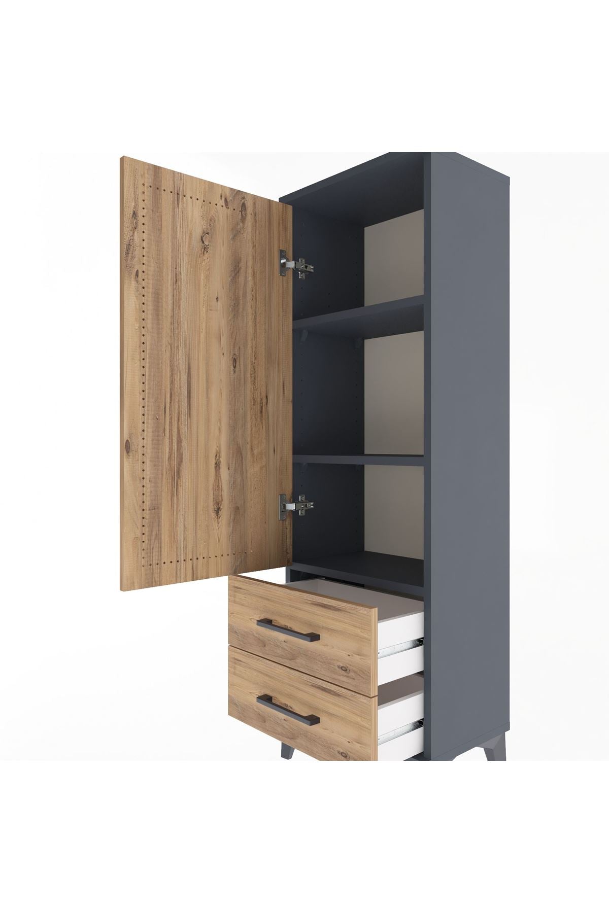 Arges Dolap 3 Raflı 2 Çekmeceli Tek Kapaklı 44x30x134 Antrasit-Çam