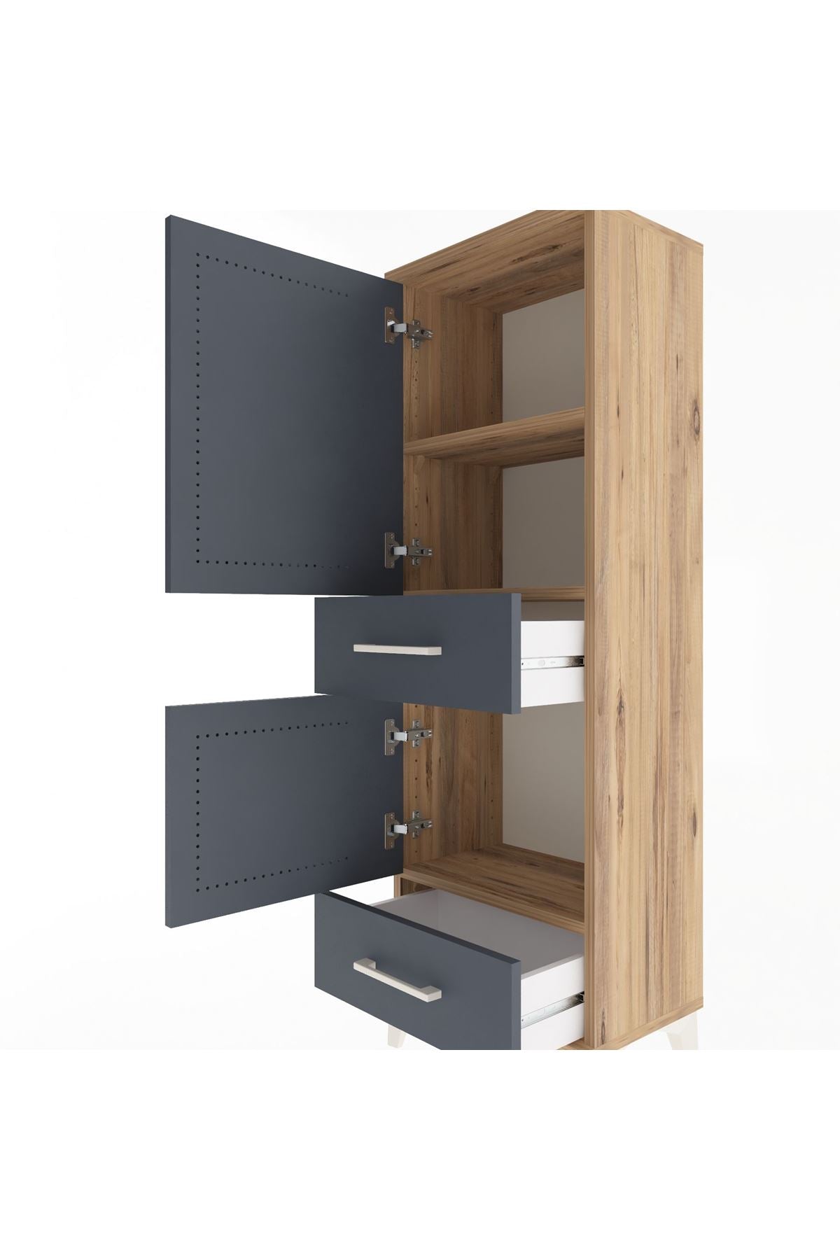 Arges Dolap 3 Raflı 2 Çekmeceli 2 Kapaklı 44x30x134 Çam-Antrasit