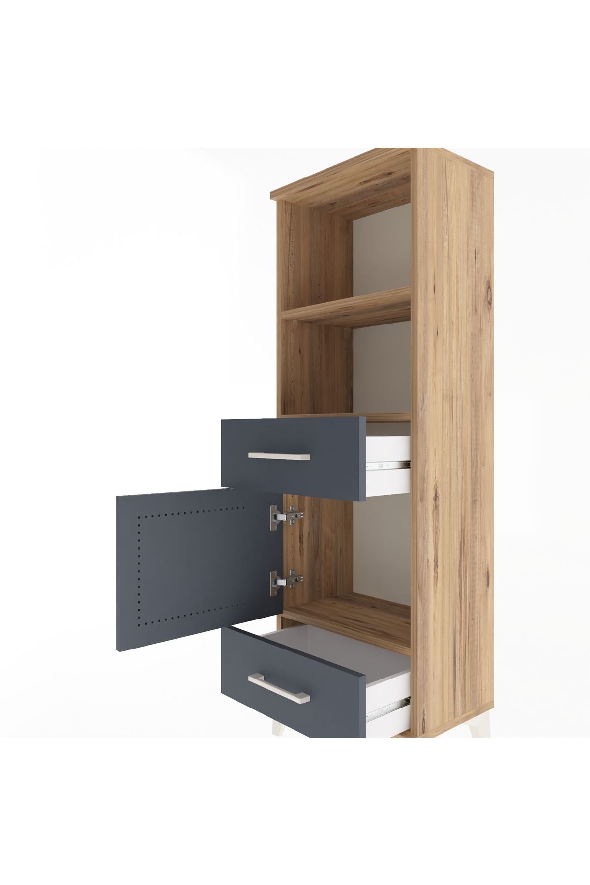 Arges Dolap 3 Raflı 2 Çekmeceli Tek Kapaklı 44x30x134 Çam-Antrasit