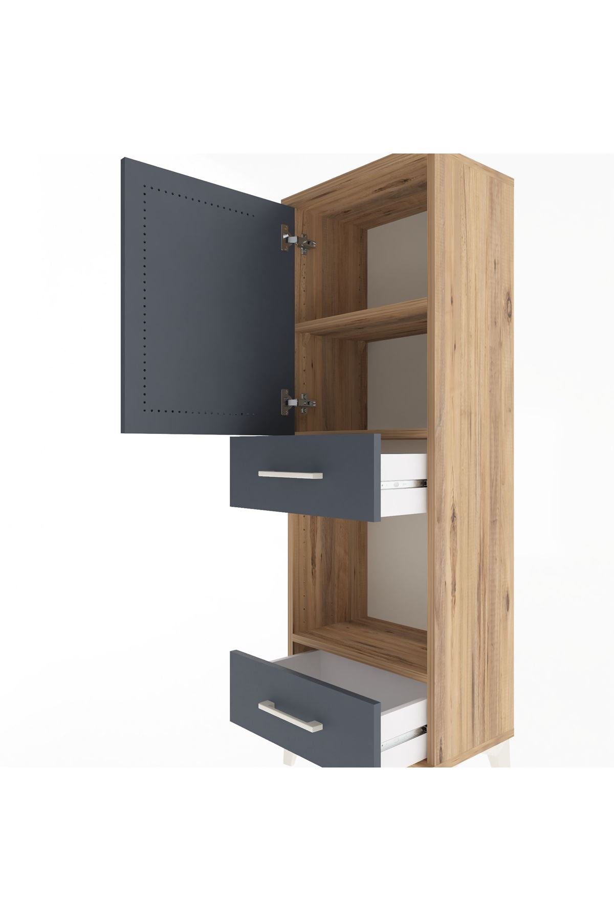 Arges Dolap 3 Raflı 2 Çekmeceli Tek Kapaklı 44x30x134 Çam-Antrasit