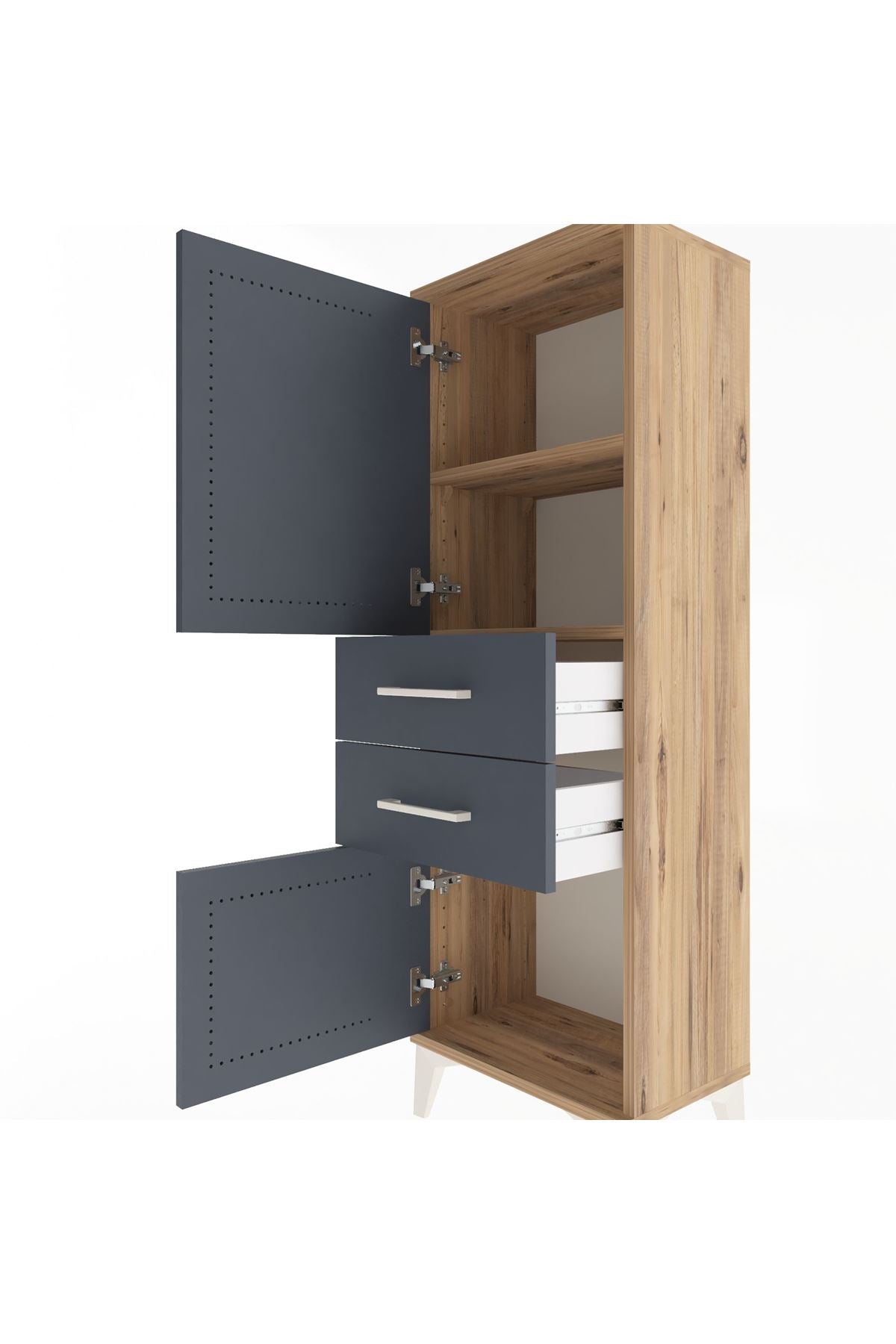 Arges Dolap 2 Raflı 2 Çekmeceli 2 Kapaklı 44x30x134 Çam-Antrasit