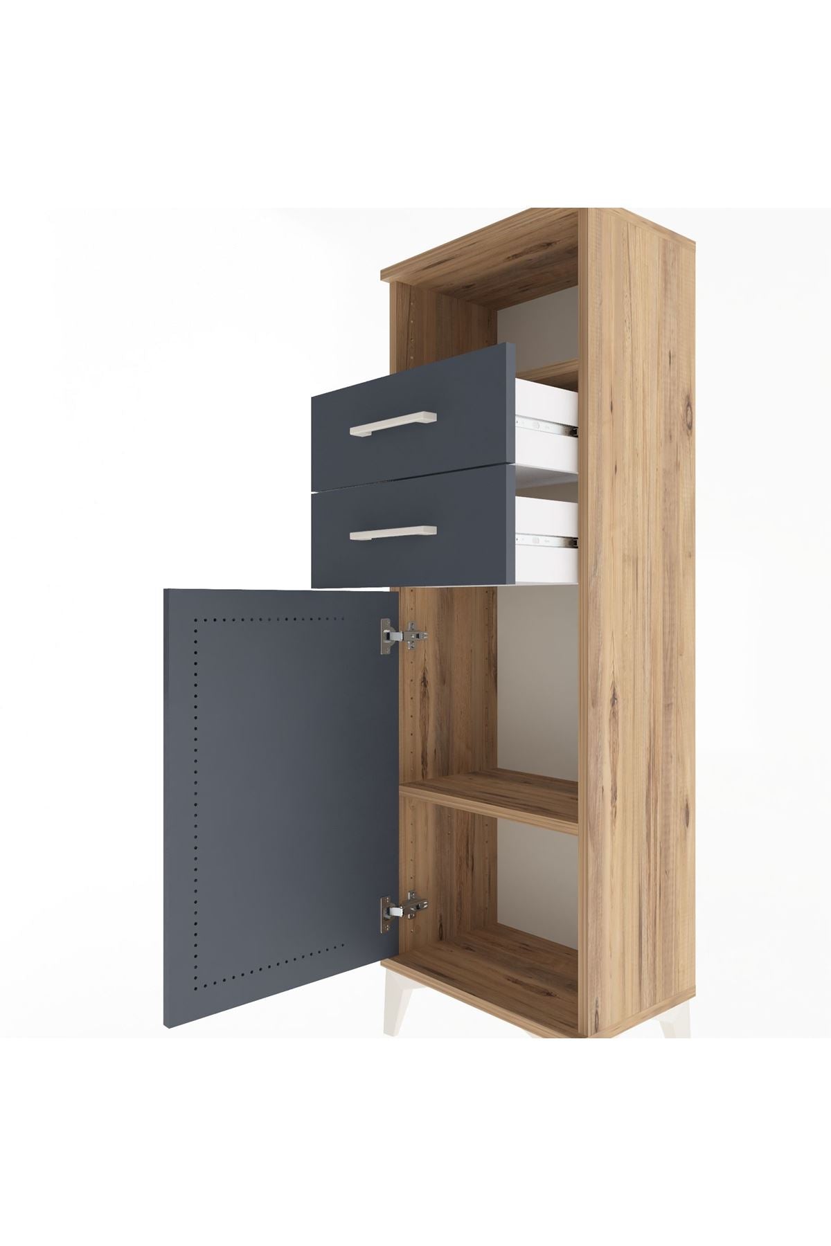 Arges Dolap 2 Raflı 2 Çekmeceli Tek Kapaklı 44x30x134 Çam-Antrasit