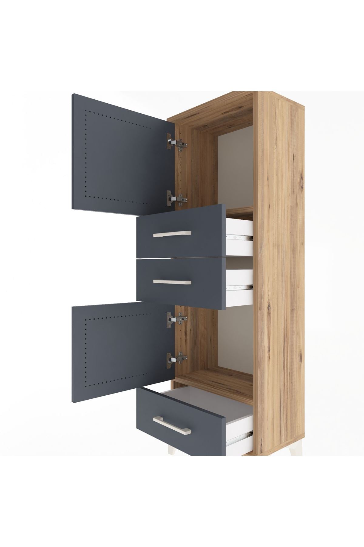 Arges Dolap 2 Raflı 3 Çekmeceli 2 Kapaklı 44x30x134 Çam-Antrasit