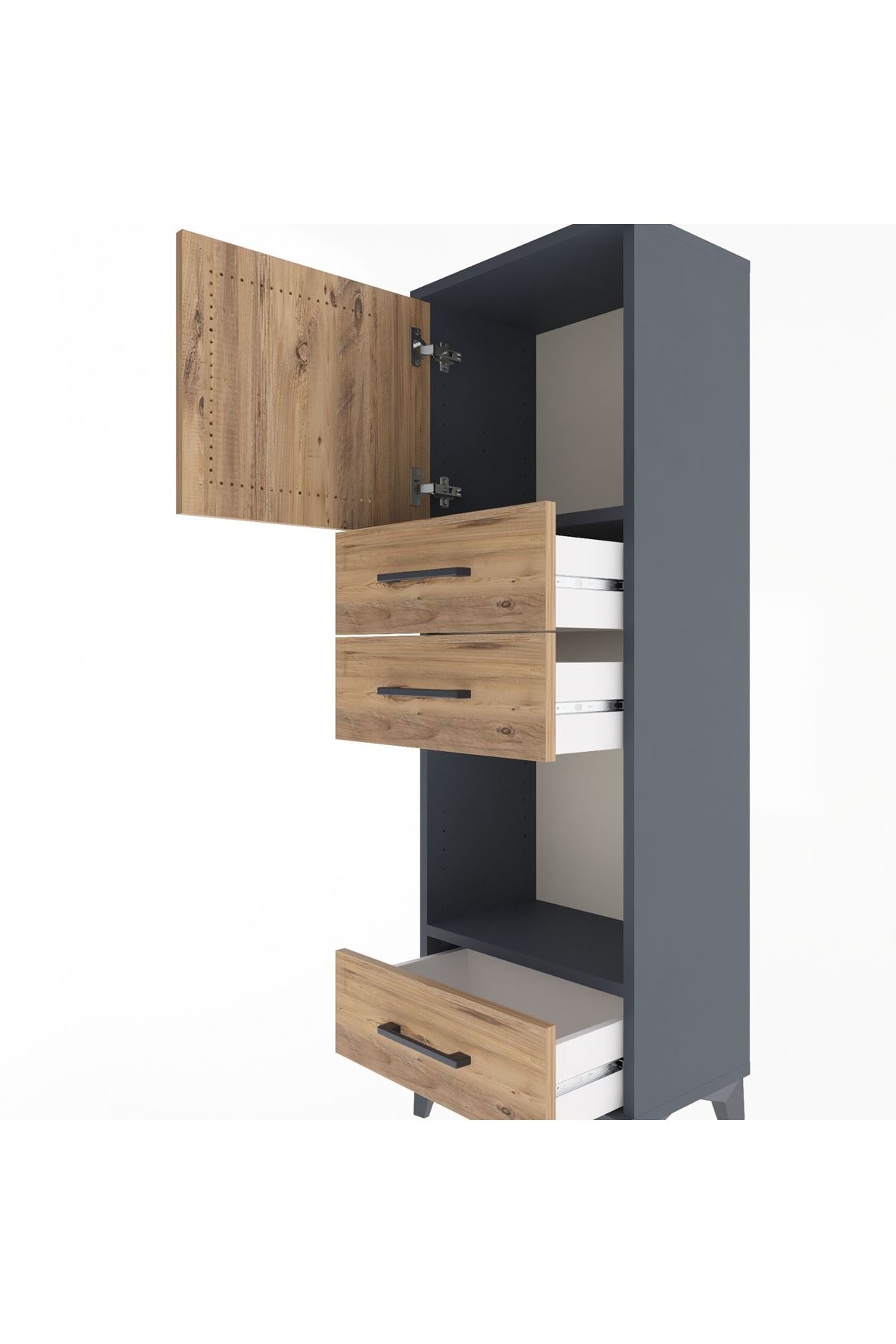 Arges Dolap 2 Raflı 3 Çekmeceli Tek Kapaklı 44x30x134 Antrasit-Çam