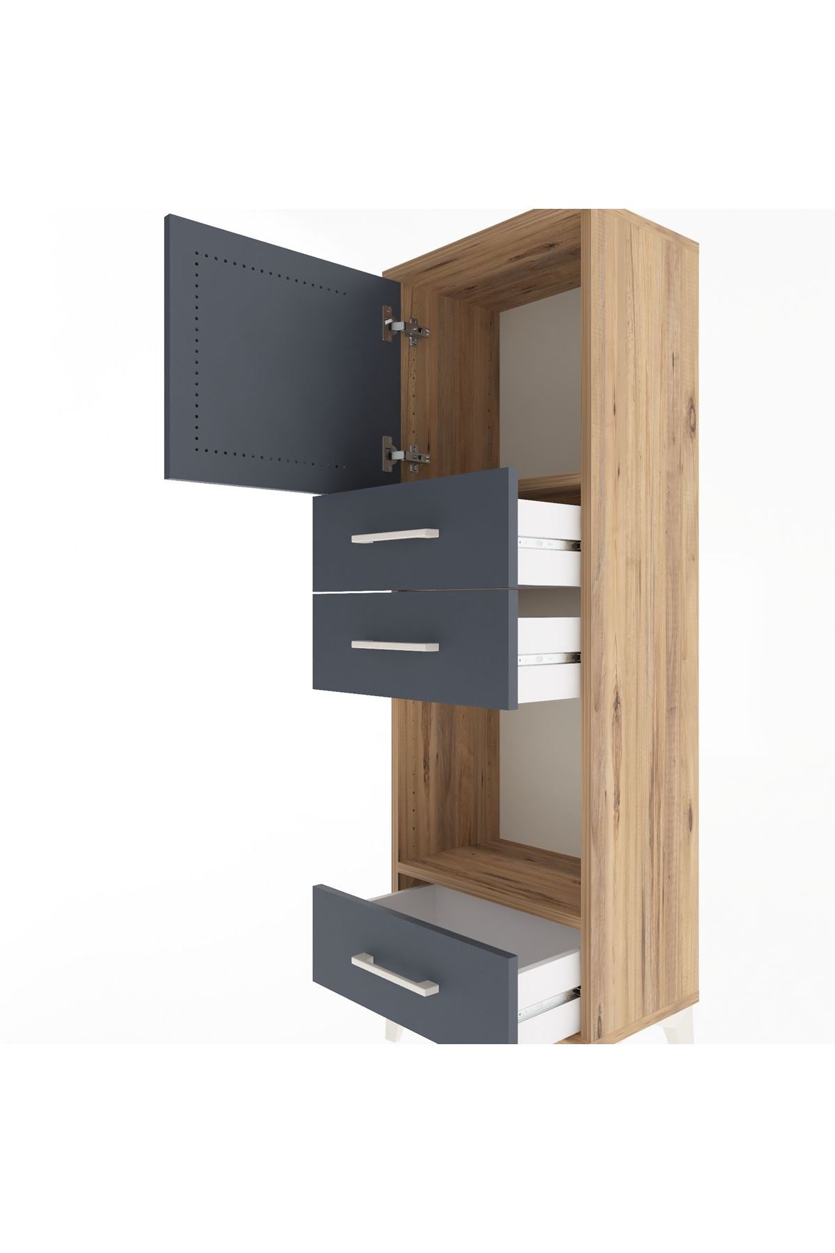 Arges Dolap 2 Raflı 3 Çekmeceli Tek Kapaklı 44x30x134 Çam-Antrasit