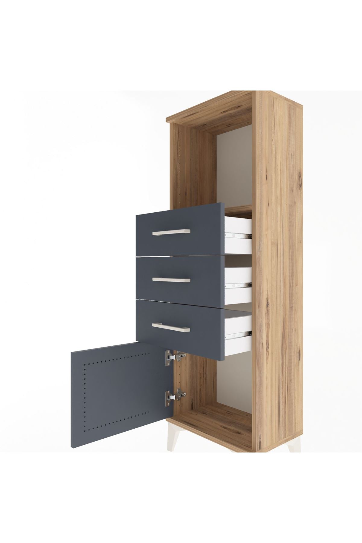 Arges Dolap Tek Raflı 3 Çekmeceli Tek Kapaklı 44x30x134 Çam-Antrasit