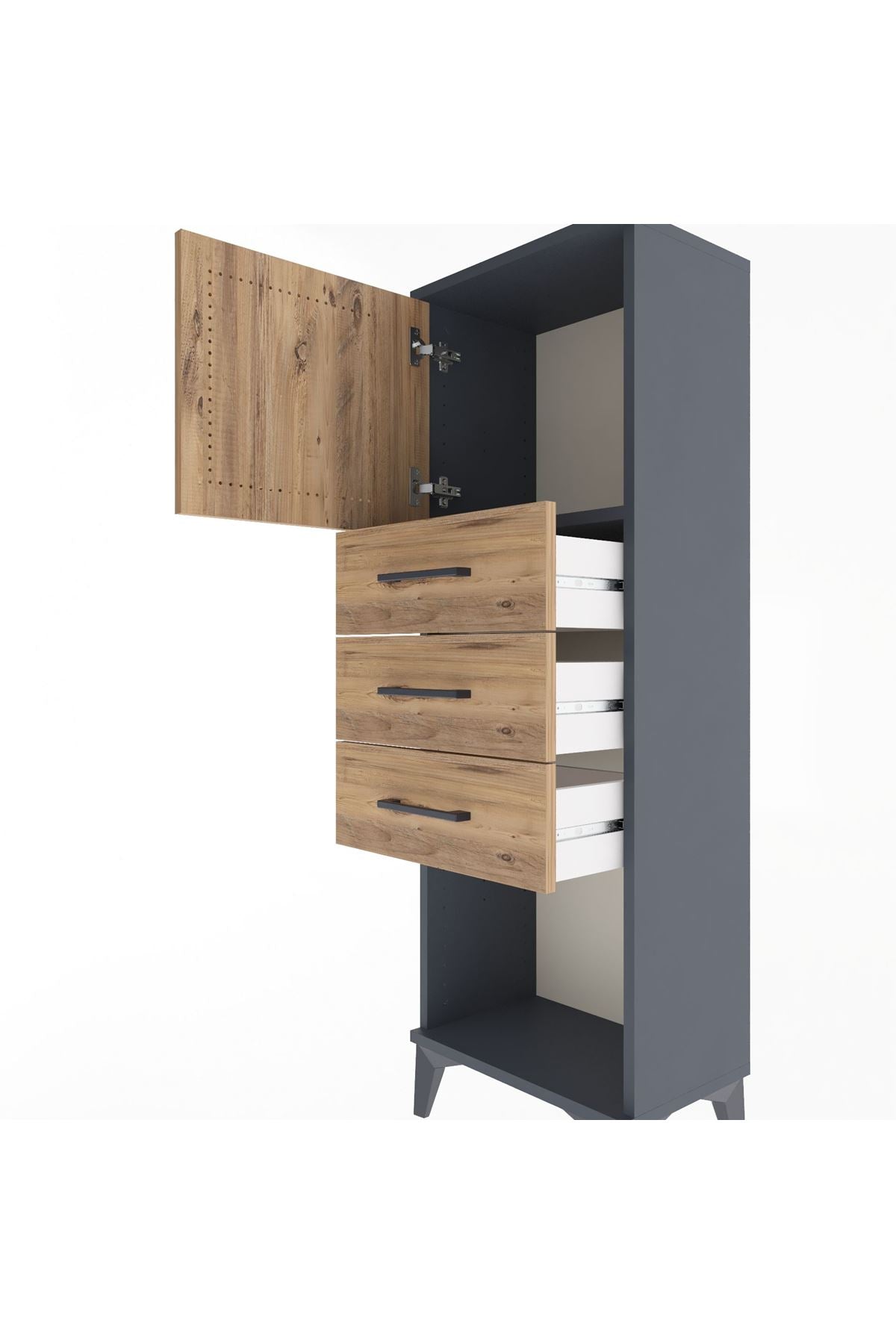 Arges Dolap Tek Raflı 3 Çekmeceli Tek Kapaklı 44x30x134 Antrasit-Çam