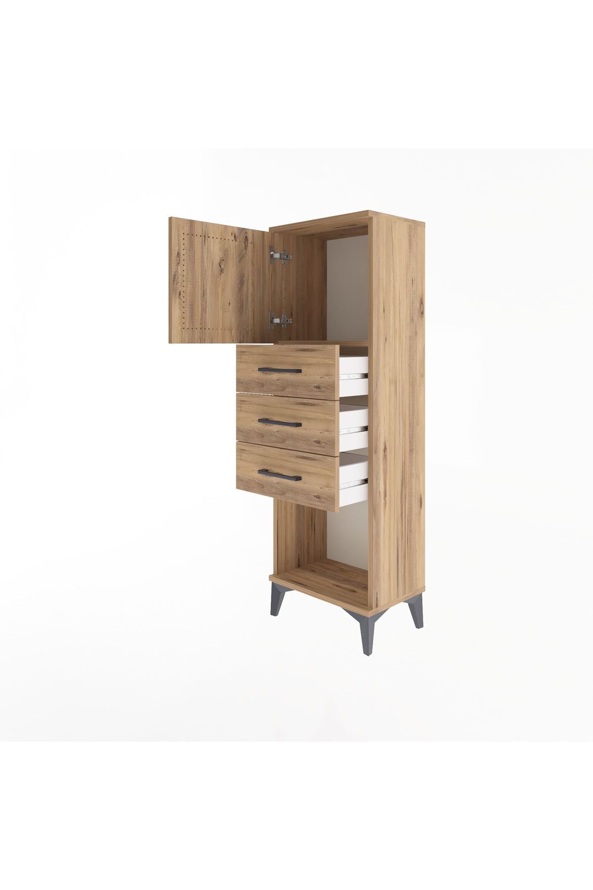 Arges Dolap Tek Raflı 3 Çekmeceli Tek Kapaklı 44x30x134 Çam-Çam