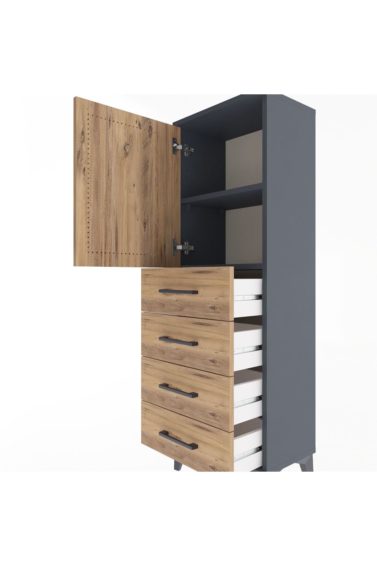 Arges Dolap 2 Raflı 4 Çekmeceli Tek Kapaklı 44x30x134 Antrasit-Çam