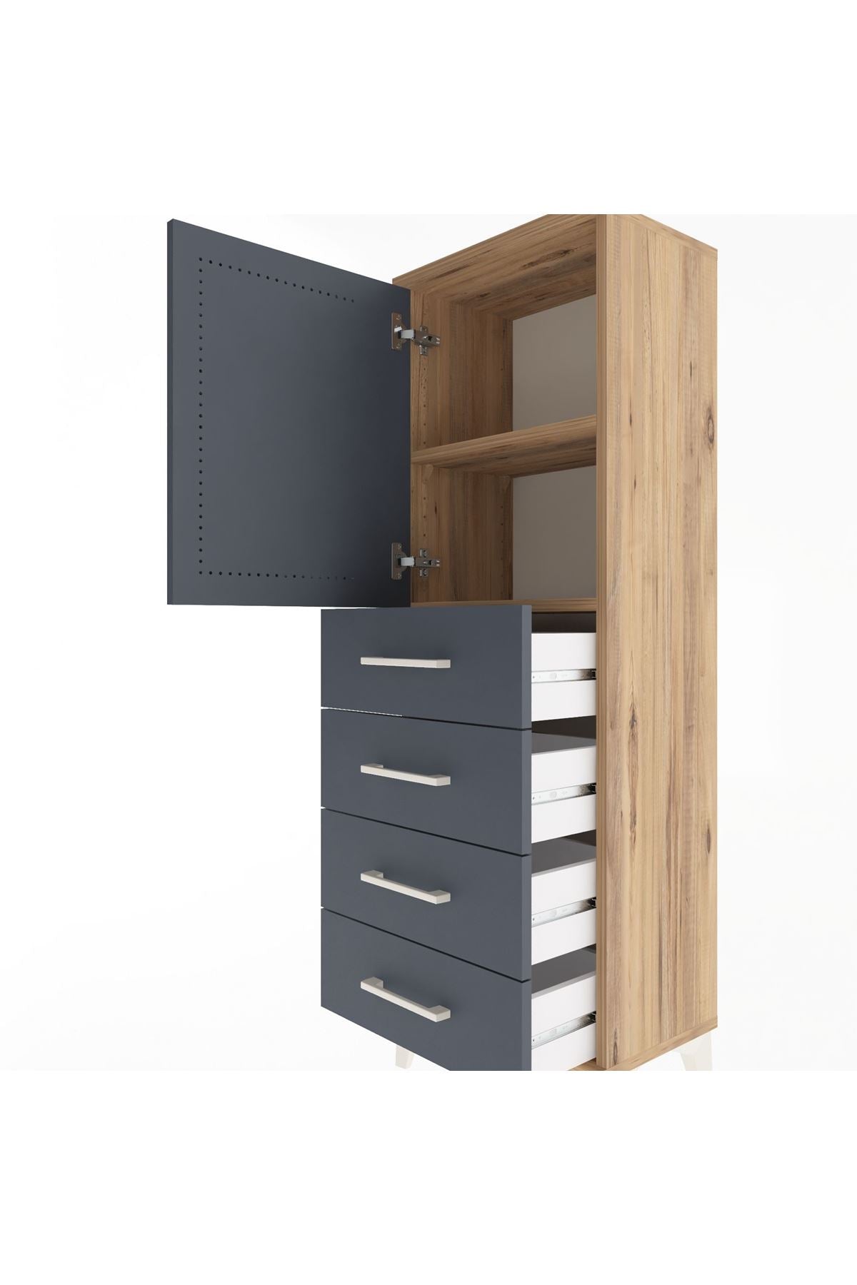 Arges Dolap 2 Raflı 4 Çekmeceli Tek Kapaklı 44x30x134 Çam-Antrasit