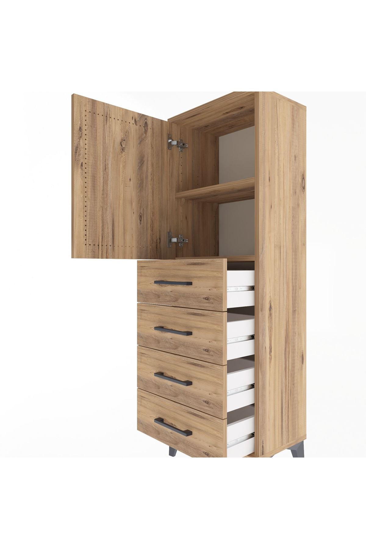 Arges Dolap 2 Raflı 4 Çekmeceli Tek Kapaklı 44x30x134 Çam-Çam