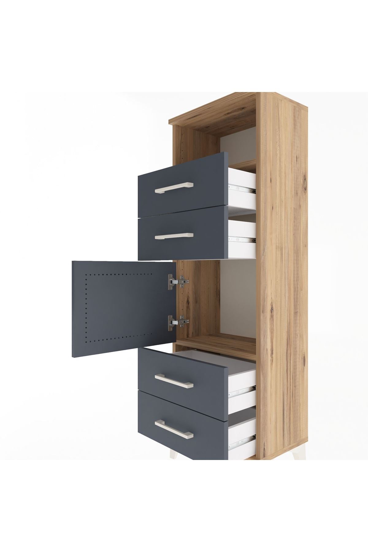 Arges Dolap 2 Raflı 4 Çekmeceli Tek Kapaklı 44x30x134 Çam-Antrasit