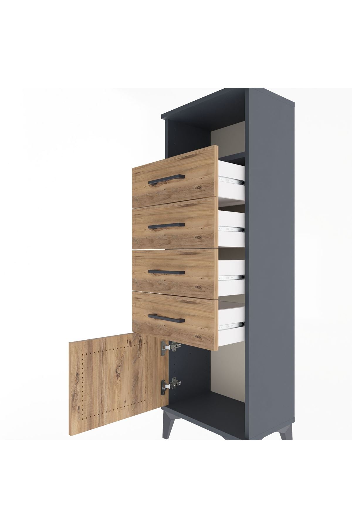 Arges Dolap Tek Raflı 4 Çekmeceli Tek Kapaklı 44x30x134 Antrasit-Çam