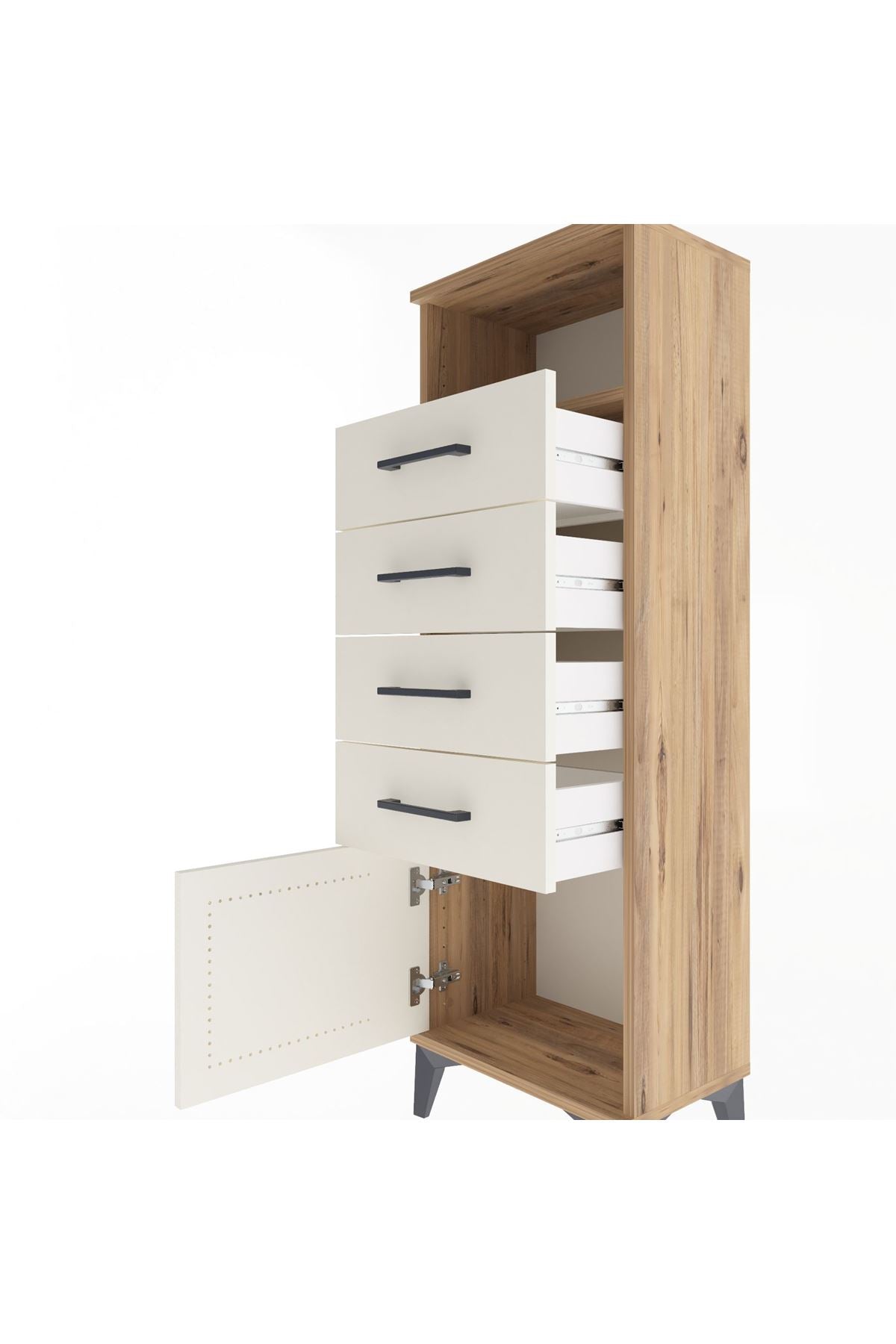 Arges Dolap Tek Raflı 4 Çekmeceli Tek Kapaklı 44x30x134 Çam-Aytaşı