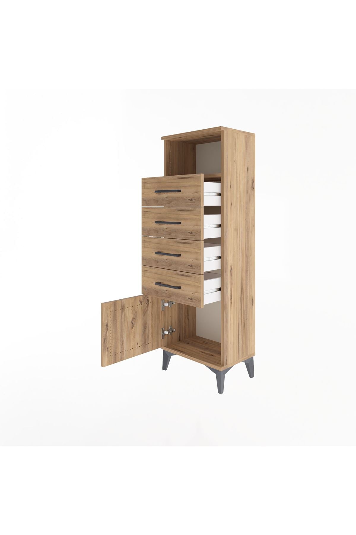 Arges Dolap Tek Raflı 4 Çekmeceli Tek Kapaklı 44x30x134 Çam-Çam