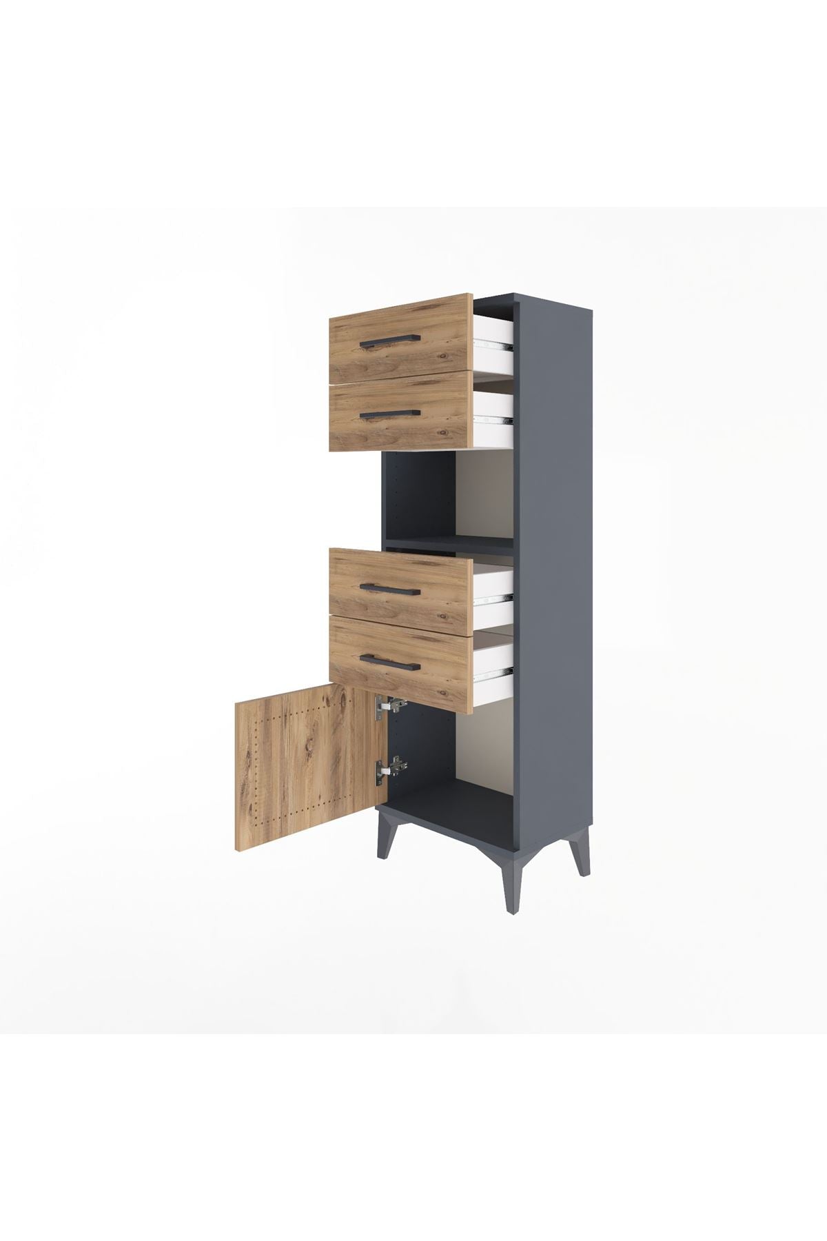 Arges Dolap Tek Raflı 4 Çekmeceli Tek Kapaklı 44x30x134 Antrasit-Çam