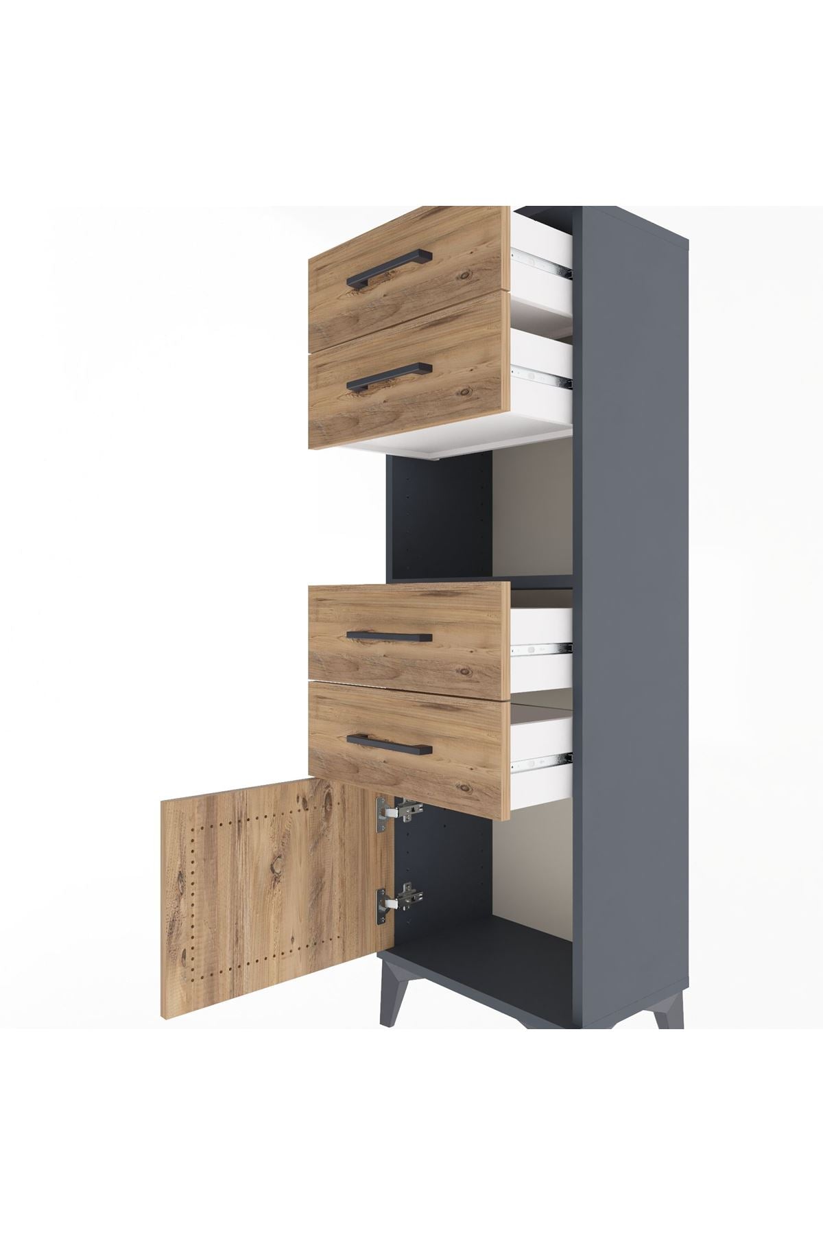 Arges Dolap Tek Raflı 4 Çekmeceli Tek Kapaklı 44x30x134 Antrasit-Çam