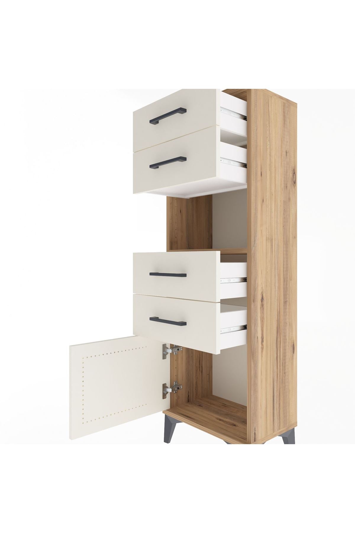 Arges Dolap Tek Raflı 4 Çekmeceli Tek Kapaklı 44x30x134 Çam-Aytaşı