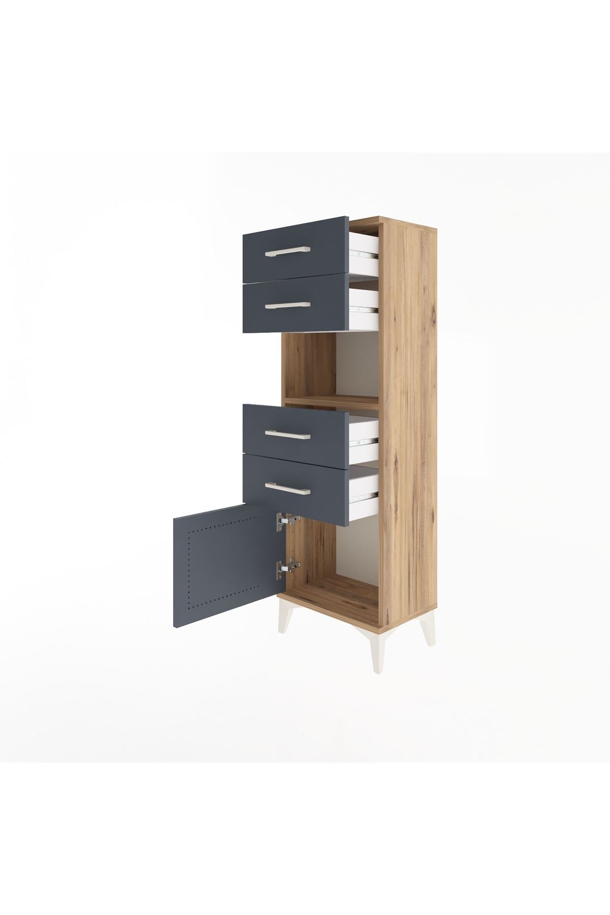 Arges Dolap Tek Raflı 4 Çekmeceli Tek Kapaklı 44x30x134 Çam-Antrasit