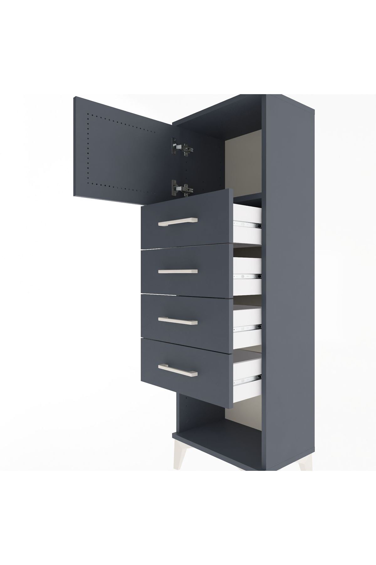 Arges Dolap Tek Raflı 4 Çekmeceli Tek Kapaklı 44x30x134 Antrasit-Antrasit