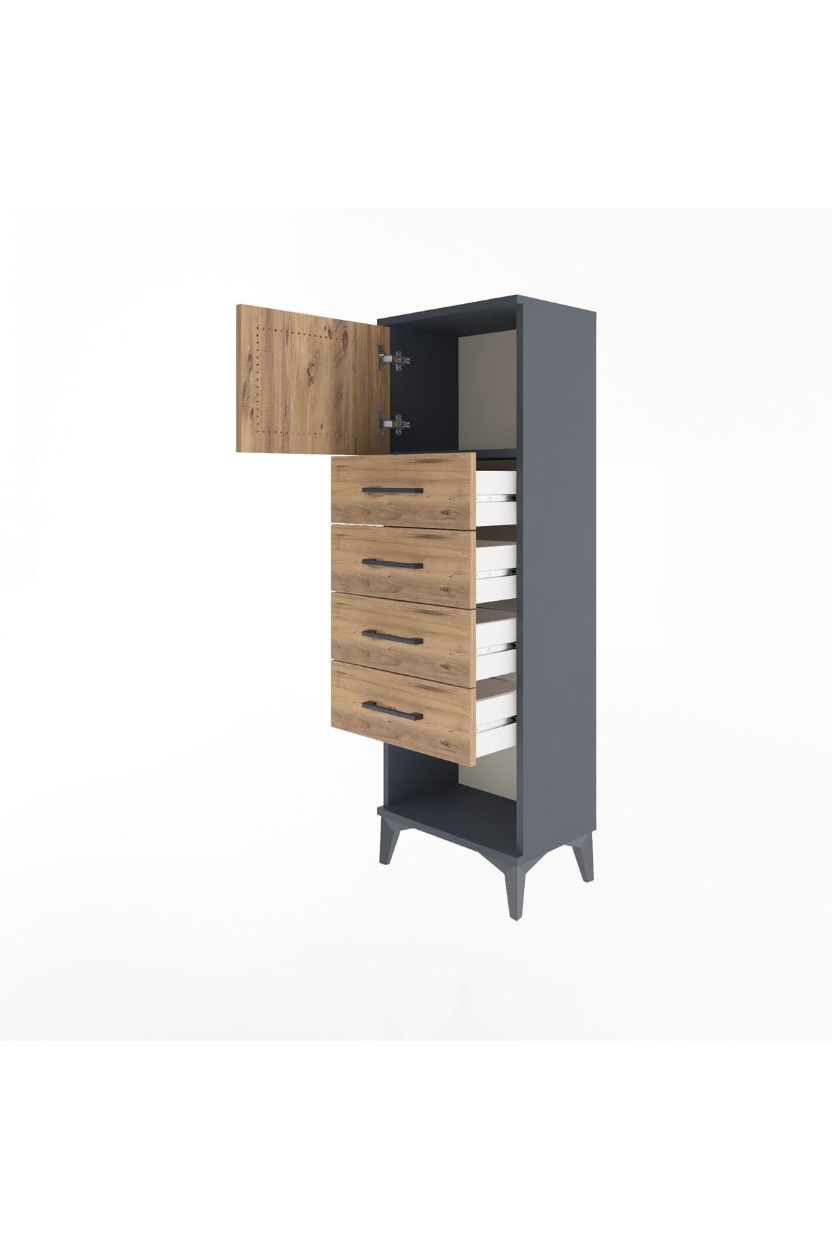 Arges Dolap Tek Raflı 4 Çekmeceli Tek Kapaklı 44x30x134 Antrasit-Çam