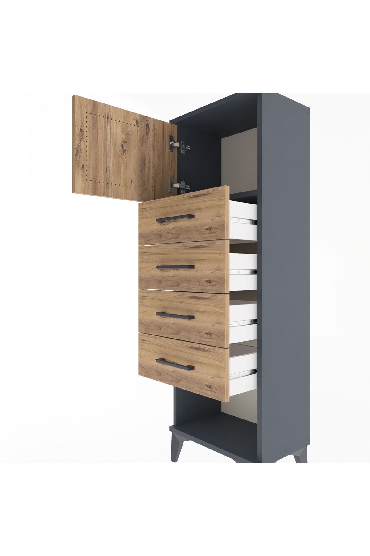 Arges Dolap Tek Raflı 4 Çekmeceli Tek Kapaklı 44x30x134 Antrasit-Çam