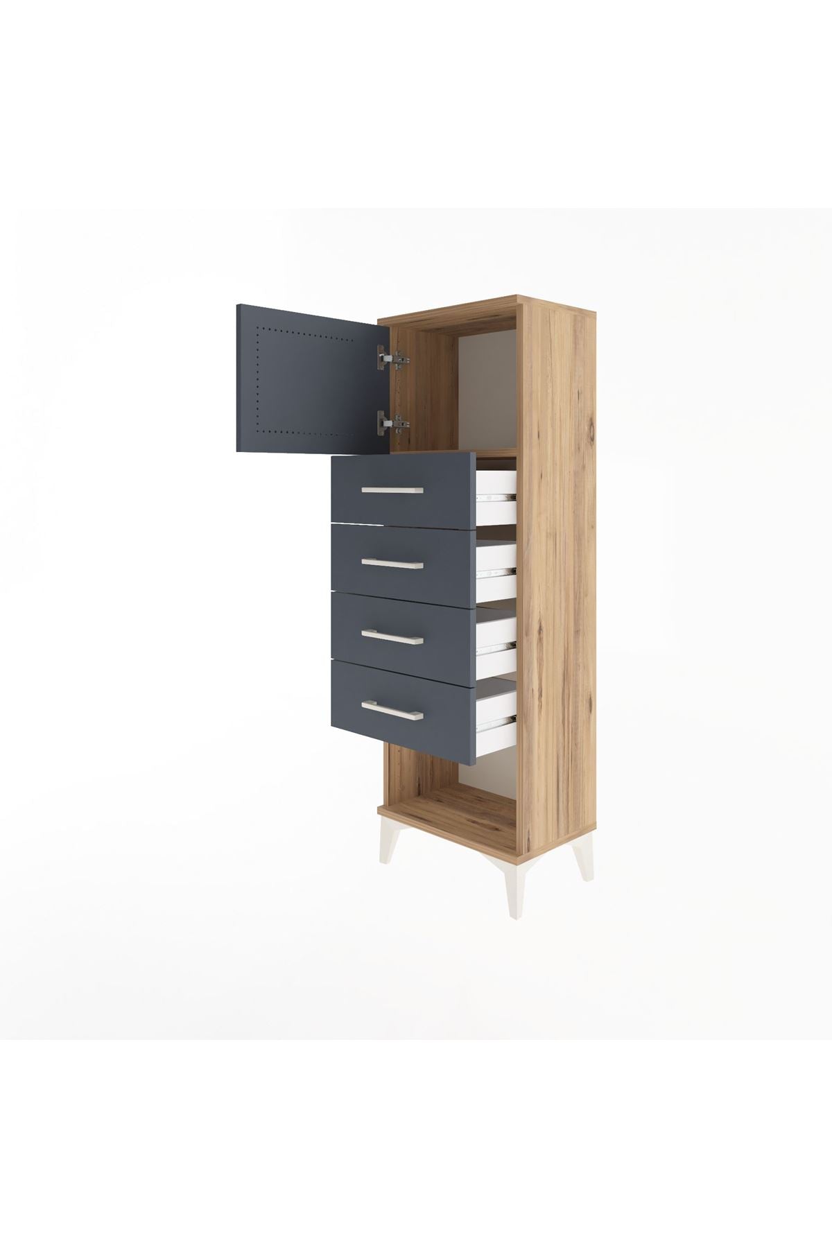 Arges Dolap Tek Raflı 4 Çekmeceli Tek Kapaklı 44x30x134 Çam-Antrasit