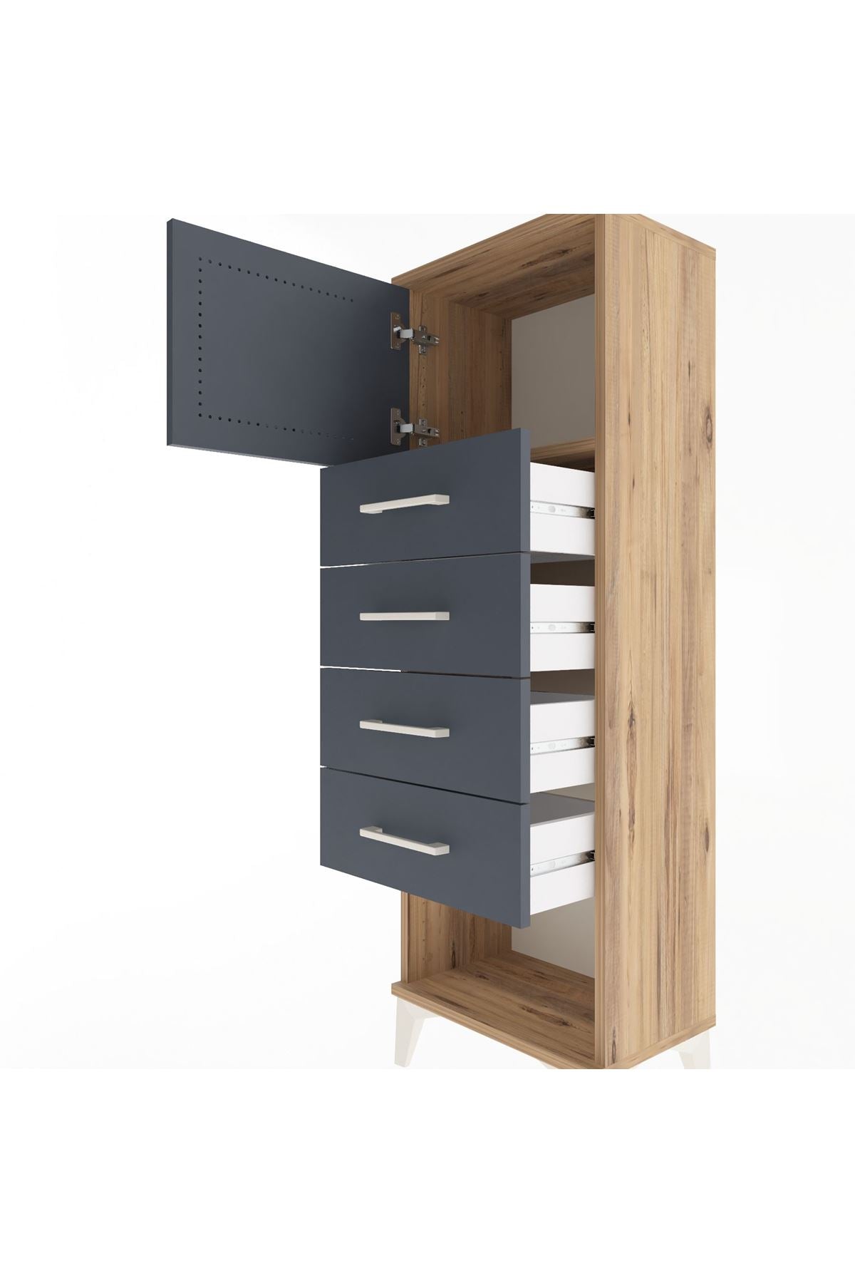 Arges Dolap Tek Raflı 4 Çekmeceli Tek Kapaklı 44x30x134 Çam-Antrasit