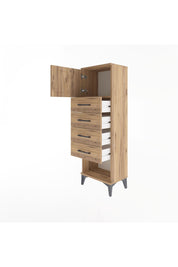 Arges Dolap Tek Raflı 4 Çekmeceli Tek Kapaklı 44x30x134 Çam-Çam