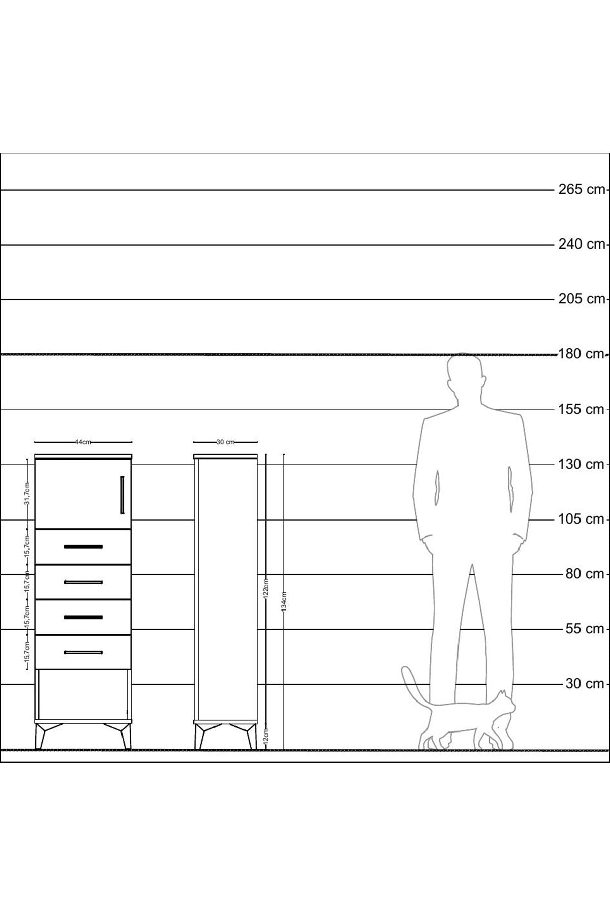 Arges Dolap Tek Raflı 4 Çekmeceli Tek Kapaklı 44x30x134 Çam-Çam