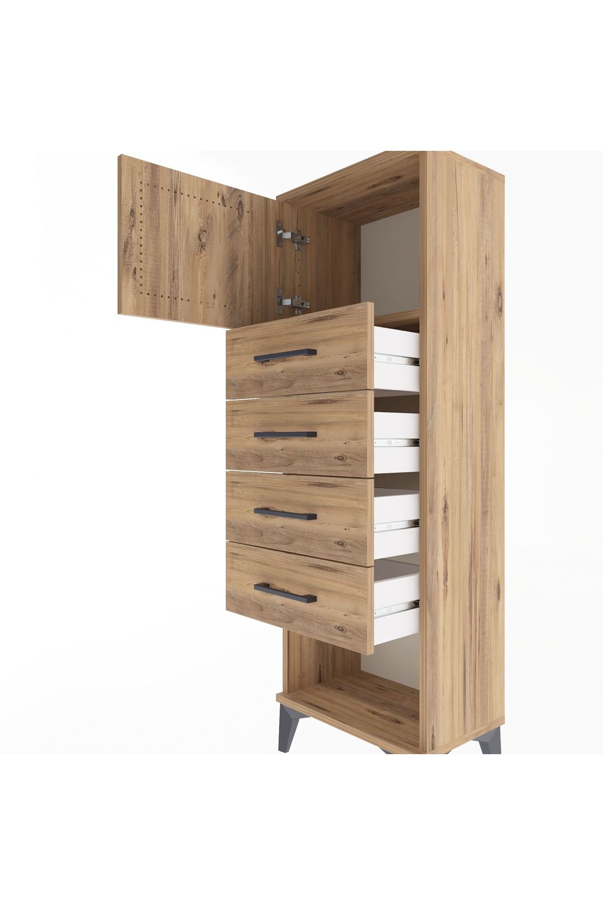 Arges Dolap Tek Raflı 4 Çekmeceli Tek Kapaklı 44x30x134 Çam-Çam