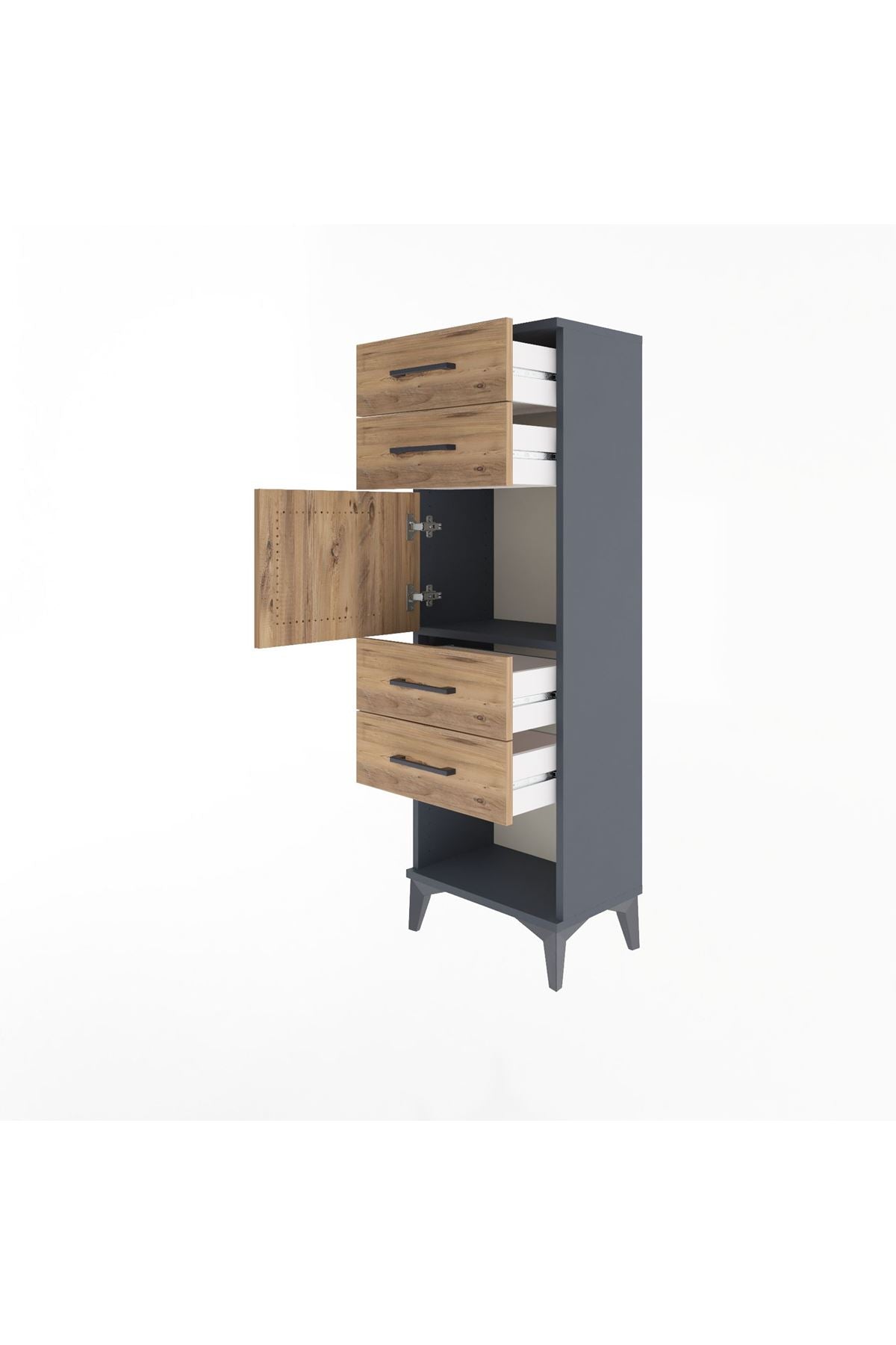 Arges Dolap Tek Raflı 4 Çekmeceli Tek Kapaklı 44x30x134 Antrasit-Çam