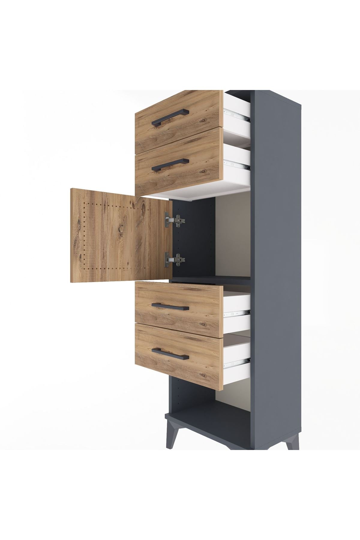 Arges Dolap Tek Raflı 4 Çekmeceli Tek Kapaklı 44x30x134 Antrasit-Çam