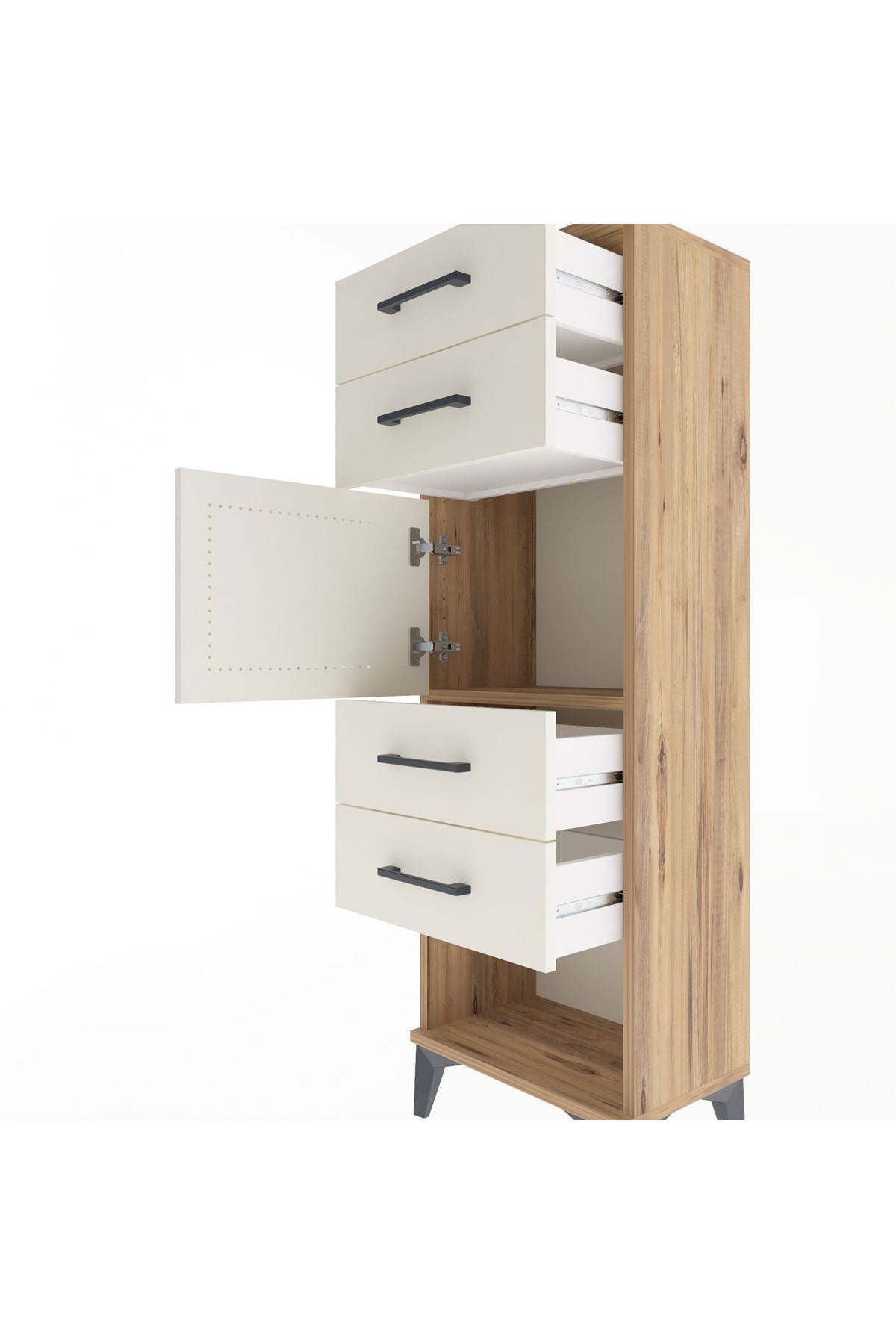 Arges Dolap Tek Raflı 4 Çekmeceli Tek Kapaklı 44x30x134 Çam-Aytaşı