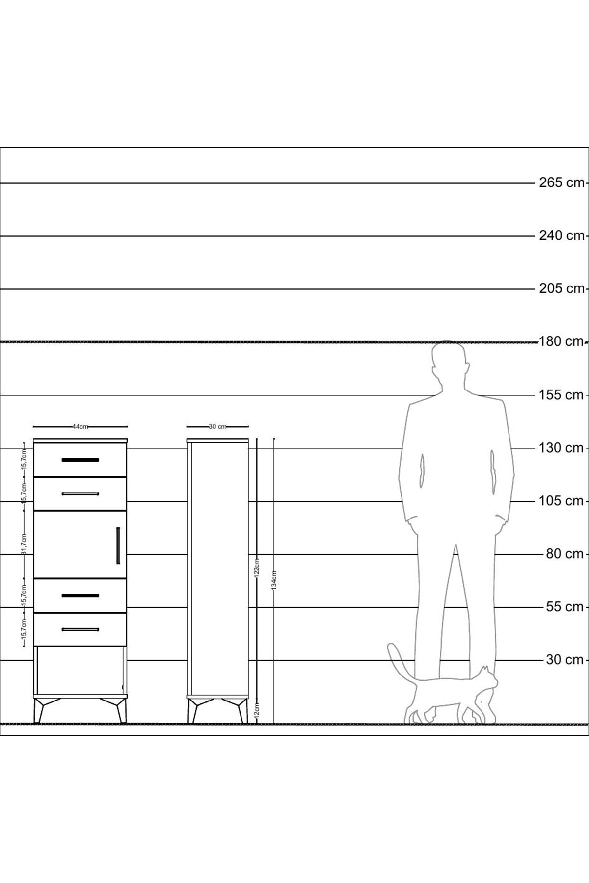 Arges Dolap Tek Raflı 4 Çekmeceli Tek Kapaklı 44x30x134 Çam-Antrasit