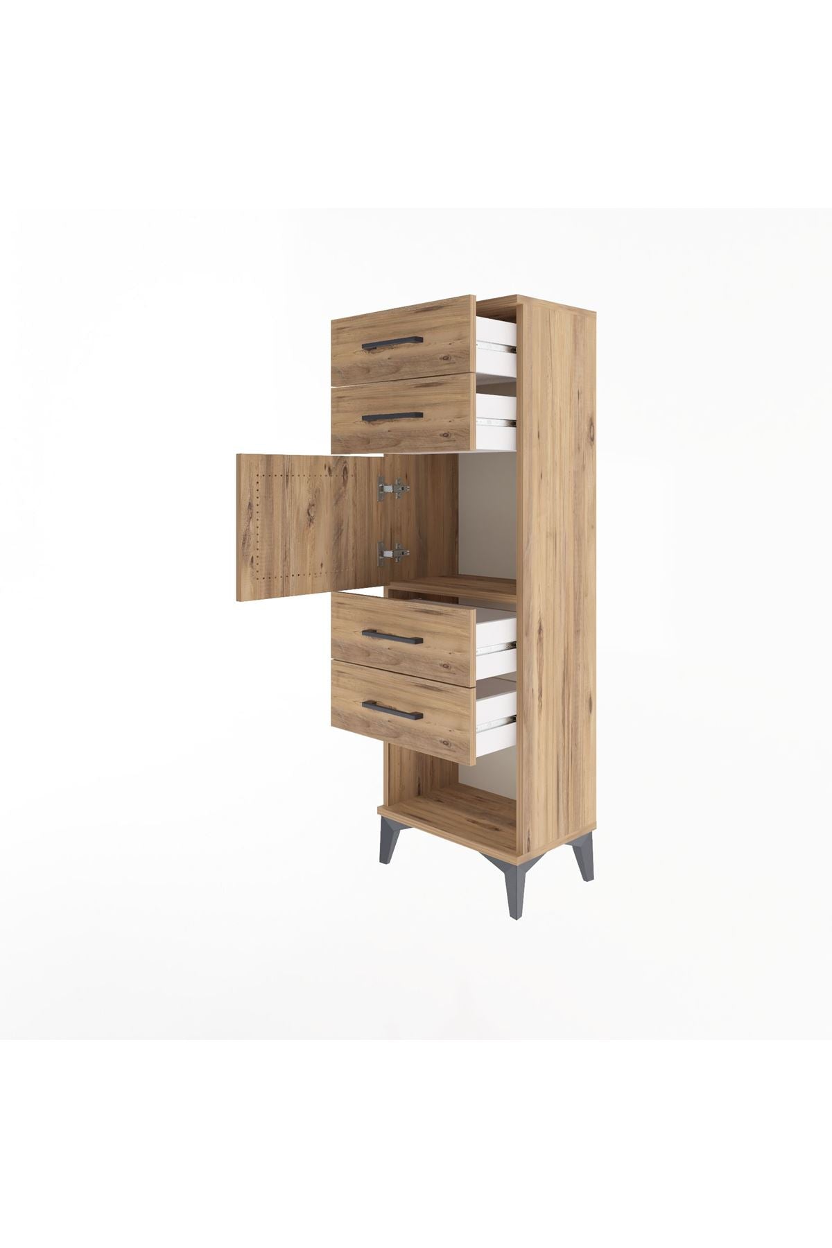 Arges Dolap Tek Raflı 4 Çekmeceli Tek Kapaklı 44x30x134 Çam-Çam