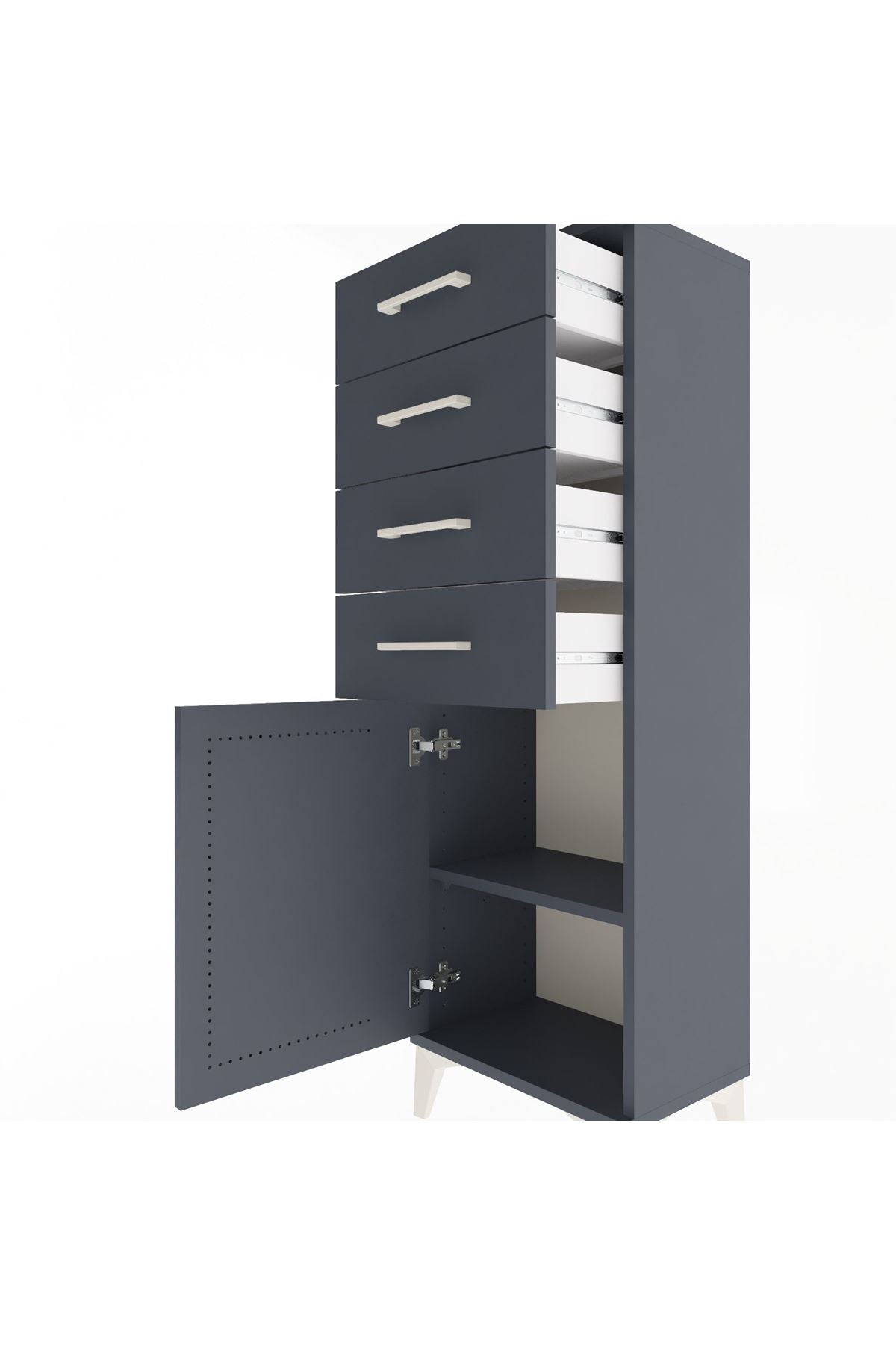 Arges Dolap Tek Raflı 4 Çekmeceli Tek Kapaklı 44x30x134 Antrasit-Antrasit