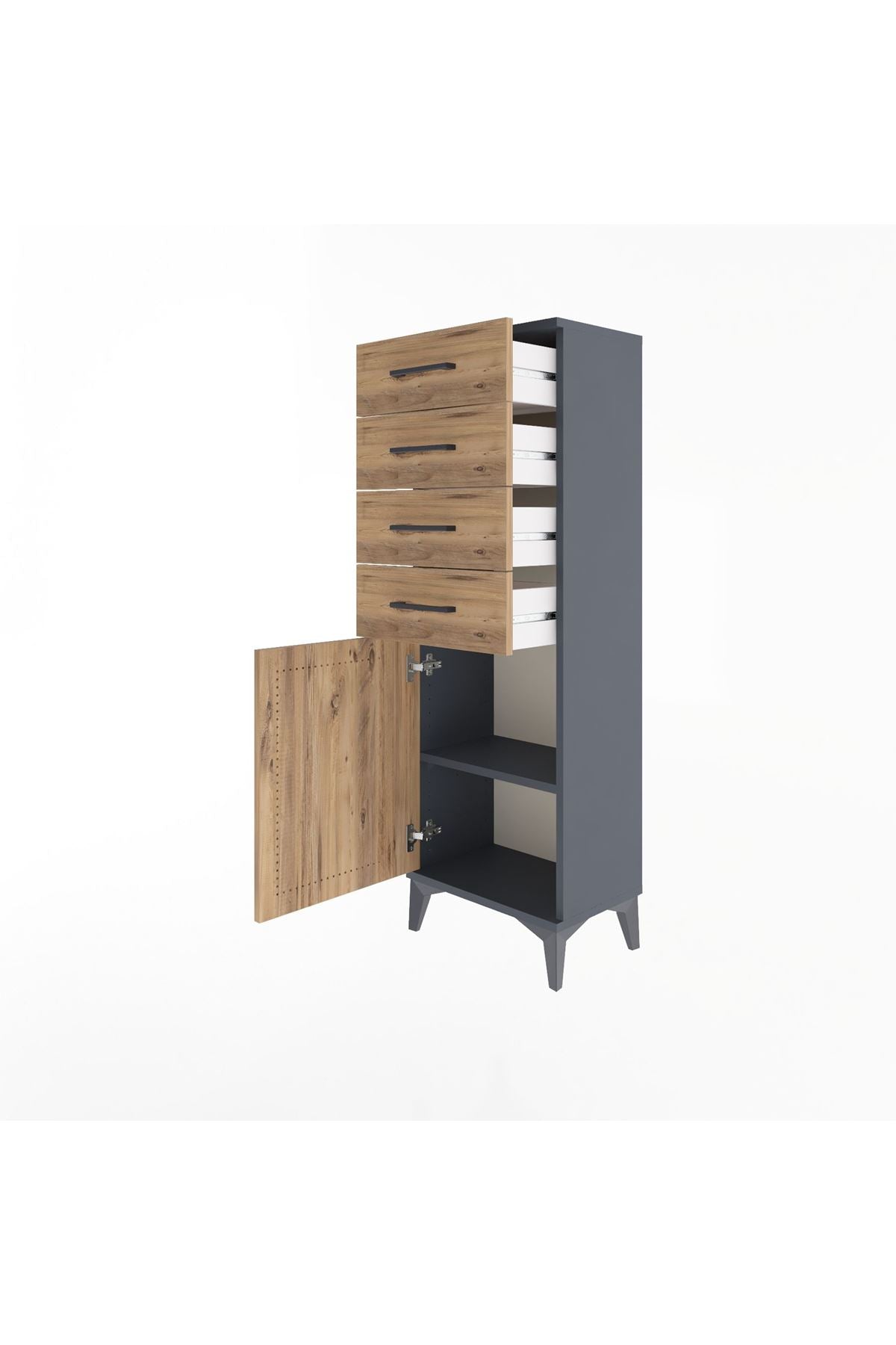 Arges Dolap Tek Raflı 4 Çekmeceli Tek Kapaklı 44x30x134 Antrasit-Çam