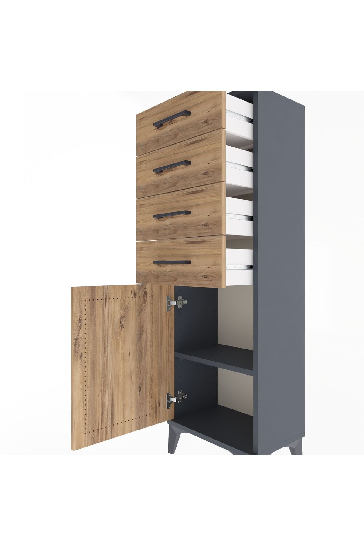 Arges Dolap Tek Raflı 4 Çekmeceli Tek Kapaklı 44x30x134 Antrasit-Çam