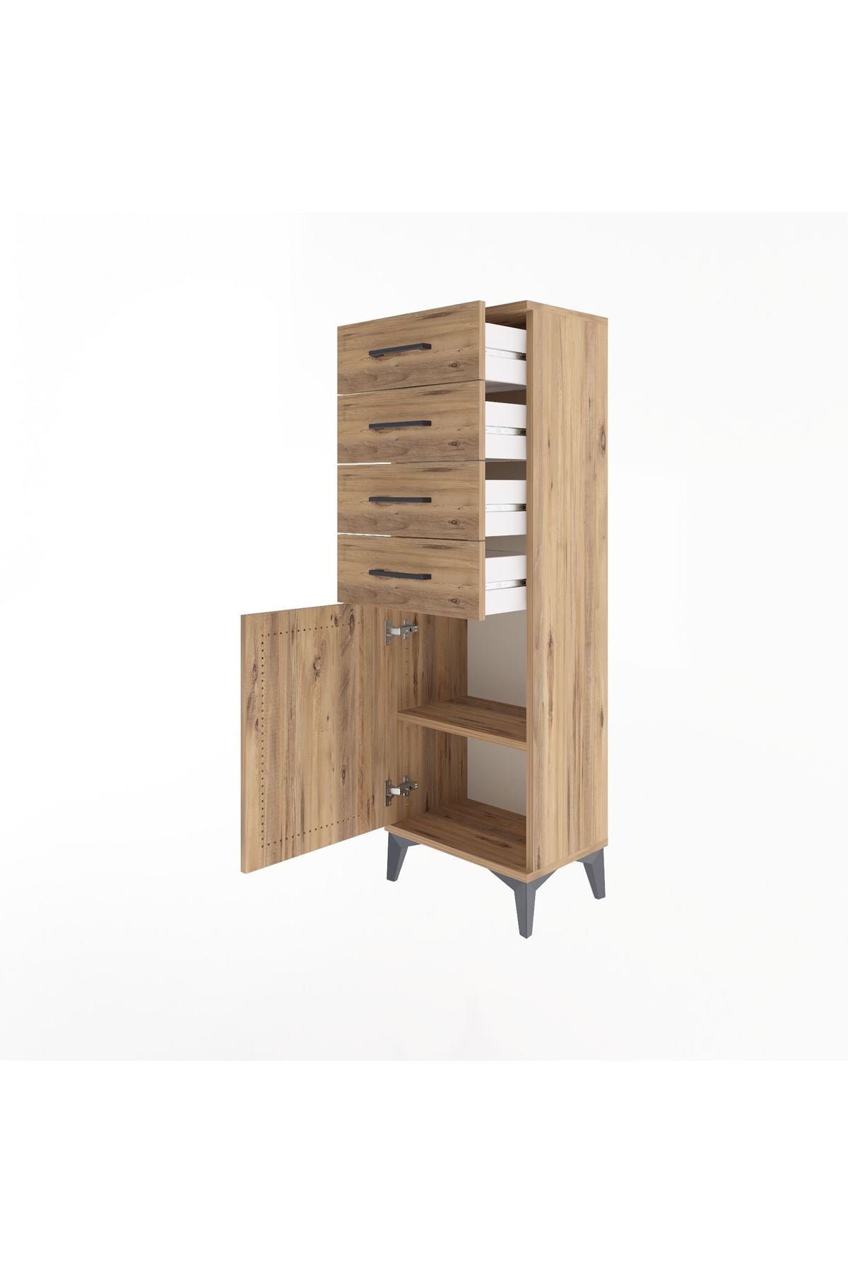 Arges Dolap Tek Raflı 4 Çekmeceli Tek Kapaklı 44x30x134 Çam-Çam