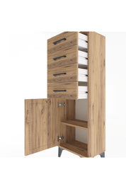 Arges Dolap Tek Raflı 4 Çekmeceli Tek Kapaklı 44x30x134 Çam-Çam