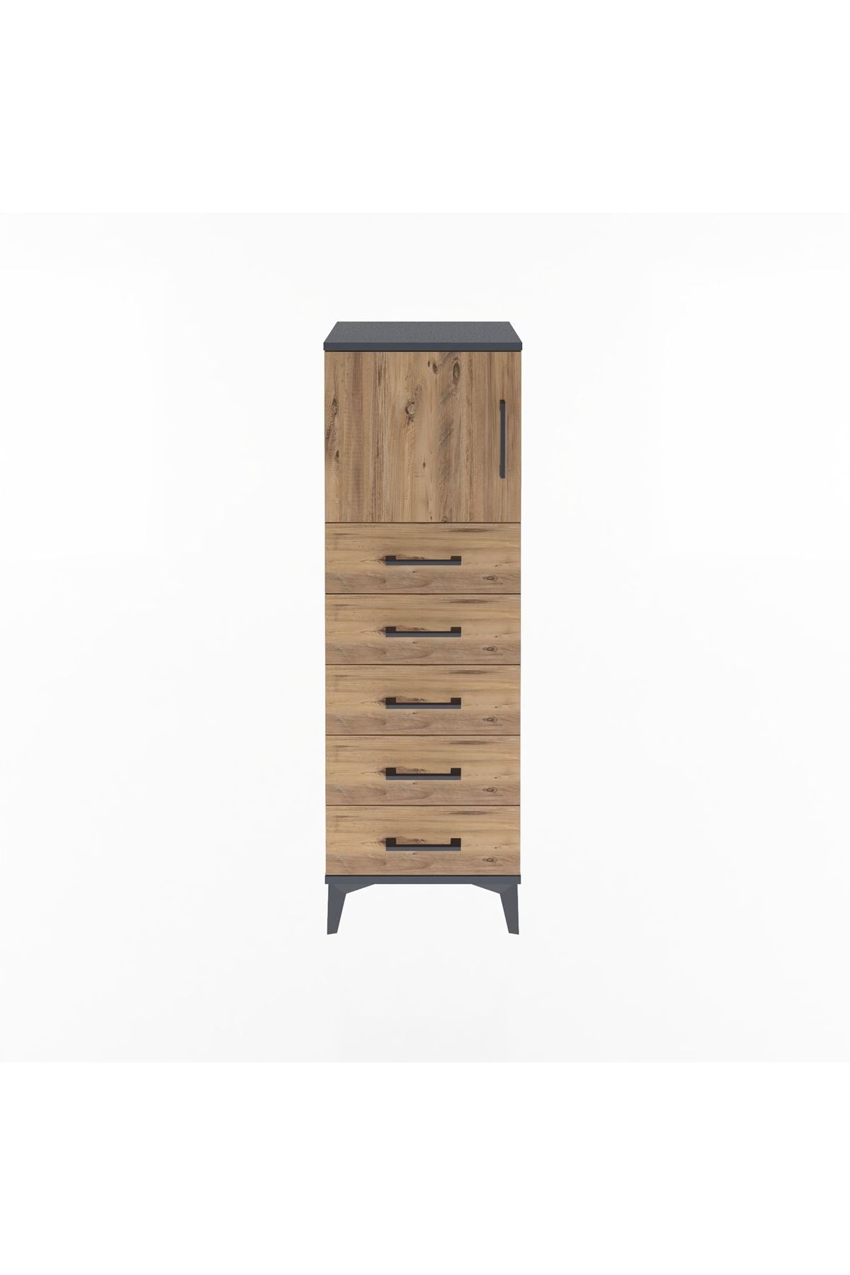Arges Dolap Tek Raflı 5 Çekmeceli Tek Kapaklı 44x30x134 Antrasit-Çam