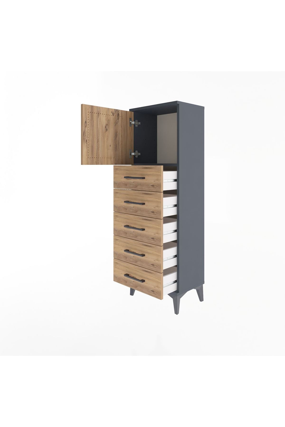 Arges Dolap Tek Raflı 5 Çekmeceli Tek Kapaklı 44x30x134 Antrasit-Çam