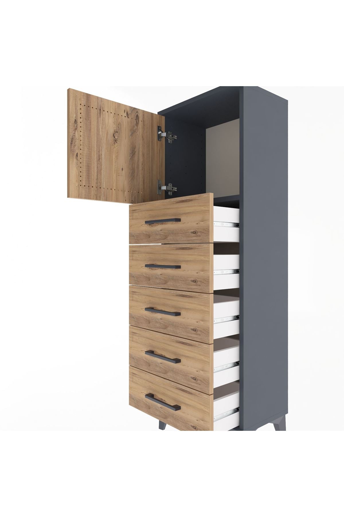 Arges Dolap Tek Raflı 5 Çekmeceli Tek Kapaklı 44x30x134 Antrasit-Çam