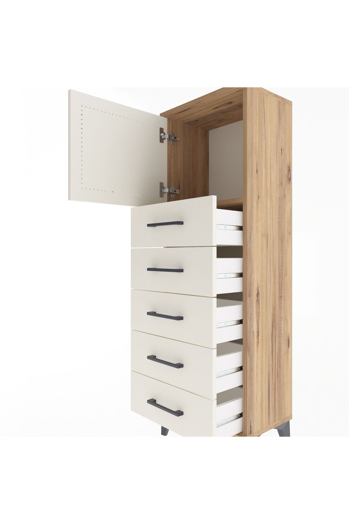 Arges Dolap Tek Raflı 5 Çekmeceli Tek Kapaklı 44x30x134 Çam-Aytaşı